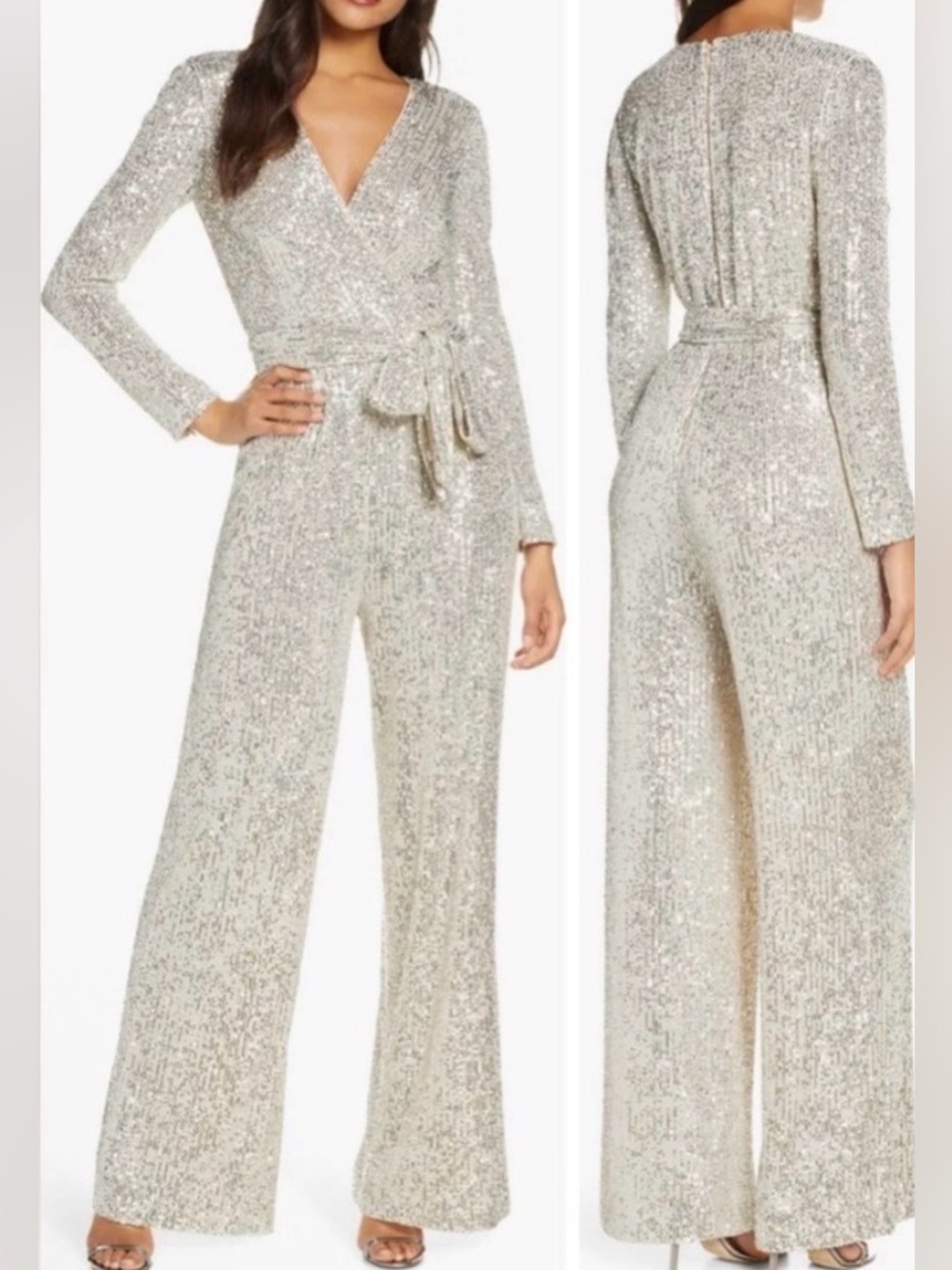 Eliza J Gold Silver Metallic Sequin Wrap  Jumpsuit. Size 6. New.
